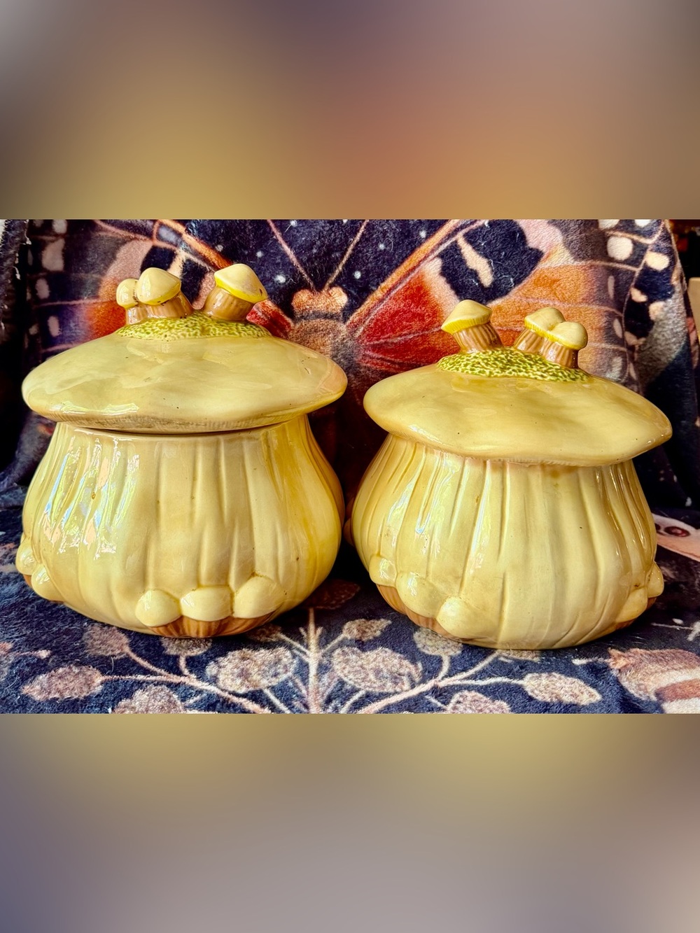 Vintage Handmade 2 Mushroom Ceramic Canisters 1970s